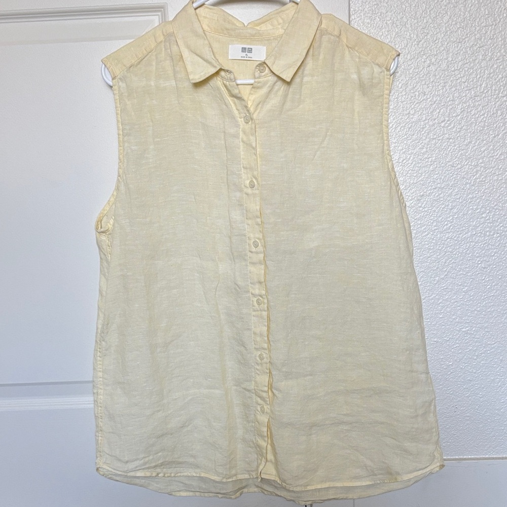 UNIQLO 100% Linen Butter Yellow Sleeveless Button Down Size XL